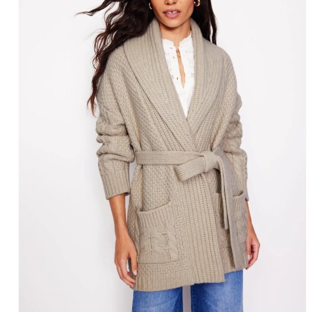 Boden Cable Belted Cardigan Chunky Knit Shearling Sz M